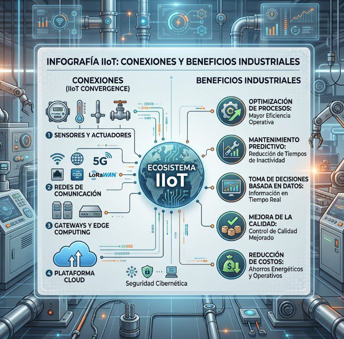Una infografía que detalla las conexiones y los beneficios del ecosistema del Internet industrial de las cosas.