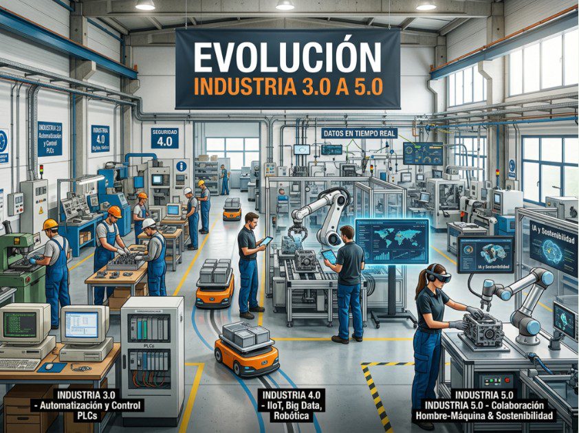 Una representación visual que muestra la progresión de la tecnología   y Tendencias de la Ingeniería Industrial 2026