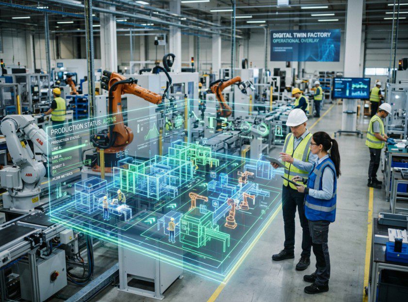 Ingenieros interactuando con un holograma digital de una línea de producción de una fábric