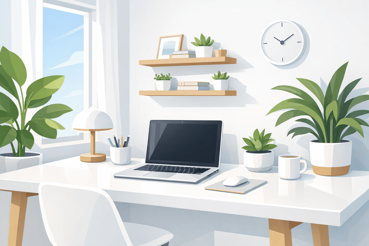 Home office desk with laptop, plants, lamp, coffee cup, and floating shelves