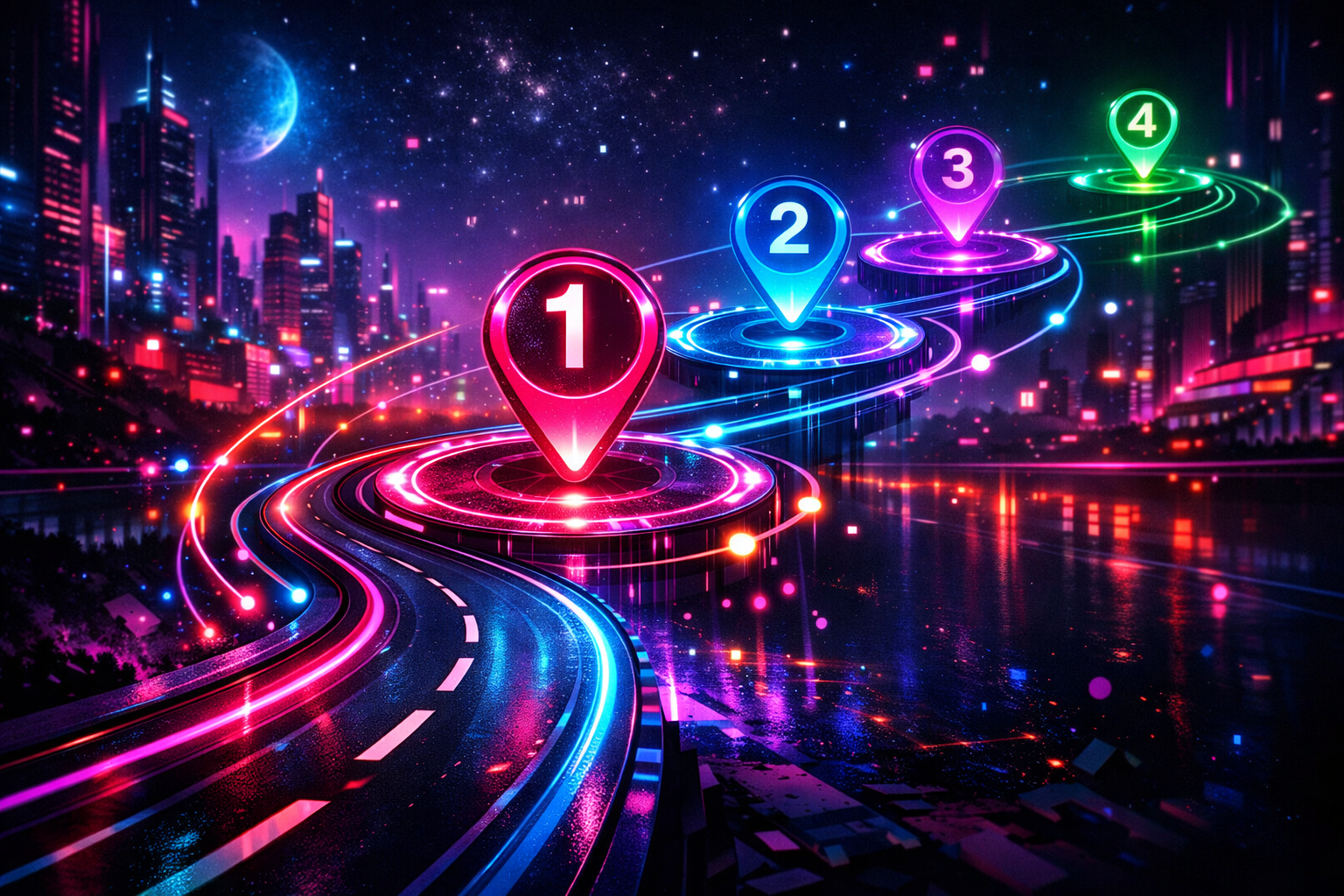 Neon glowing roadmap with numbered markers 1 to 4 in a futuristic city