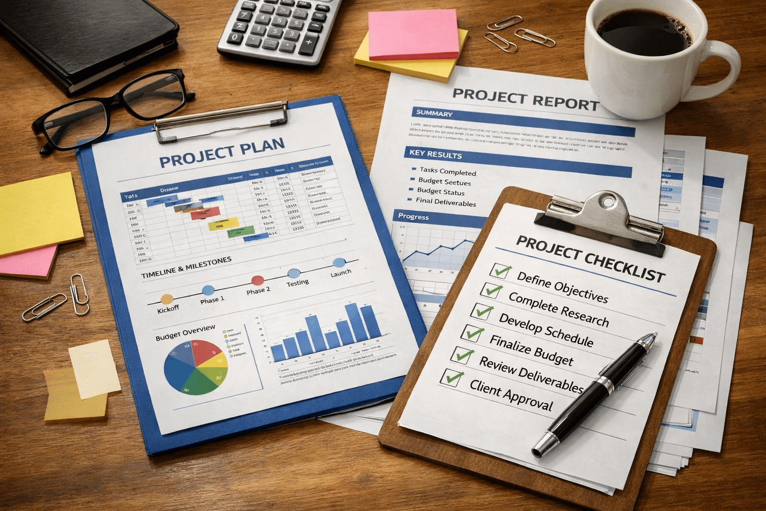 Project plan, checklist, and report documents on a desk with glasses, calculator, sticky notes, and a coffee cup