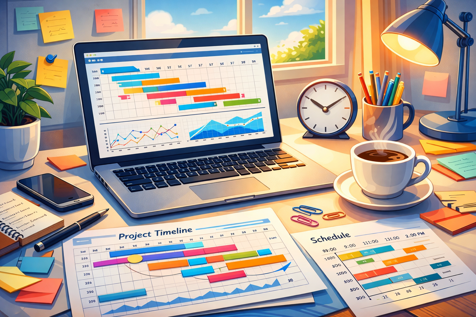 Desk with laptop showing charts, project timeline printouts, clock, coffee cup, and stationery.