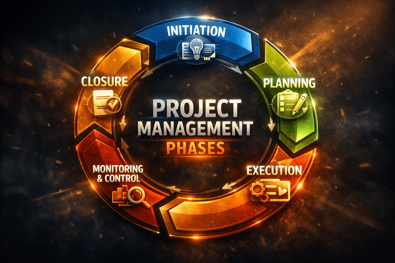Diagram of project management phases: initiation, planning, execution, monitoring & control, closure