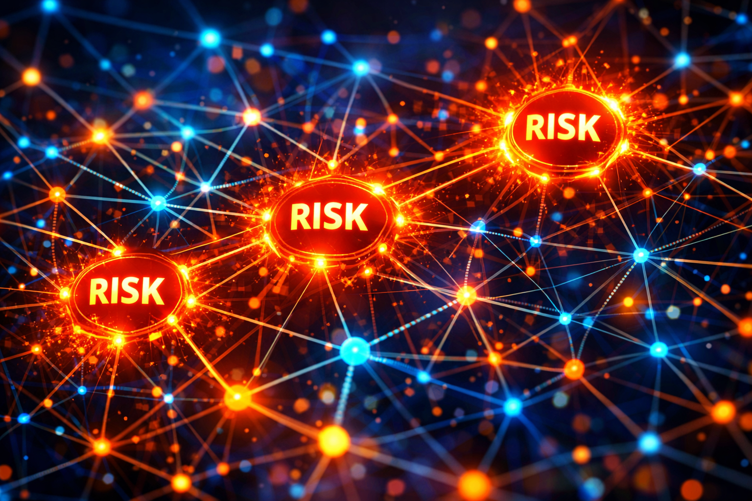 Digital network with interconnected glowing nodes labeled 'RISK'
