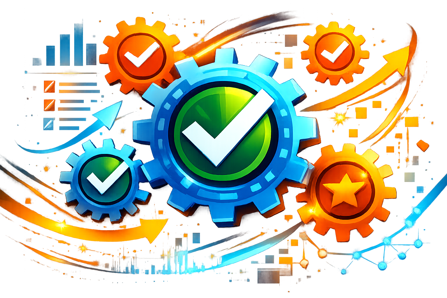 Blue and orange gears with white check marks and a star indicating productivity and quality.