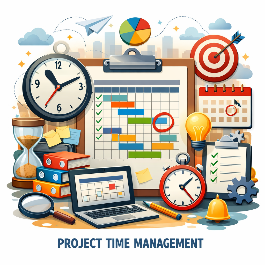 Clipboard with a project timeline chart, clocks, calendar, laptop, and task lists