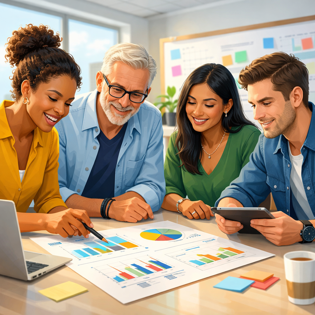 Four colleagues examining business charts and graphs during a meeting