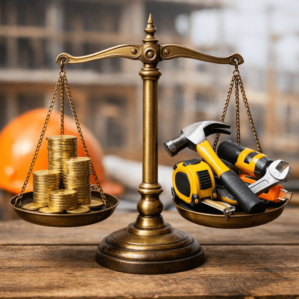 Brass balance scale with stacks of gold coins on one side and construction tools on the other