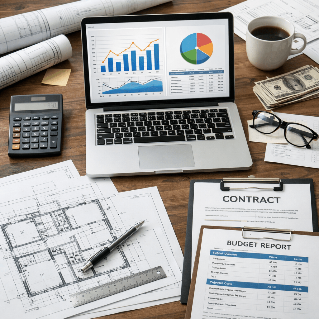Laptop showing financial charts, architectural blueprints, budget report, contract, calculator, coffee cup, and money on desk