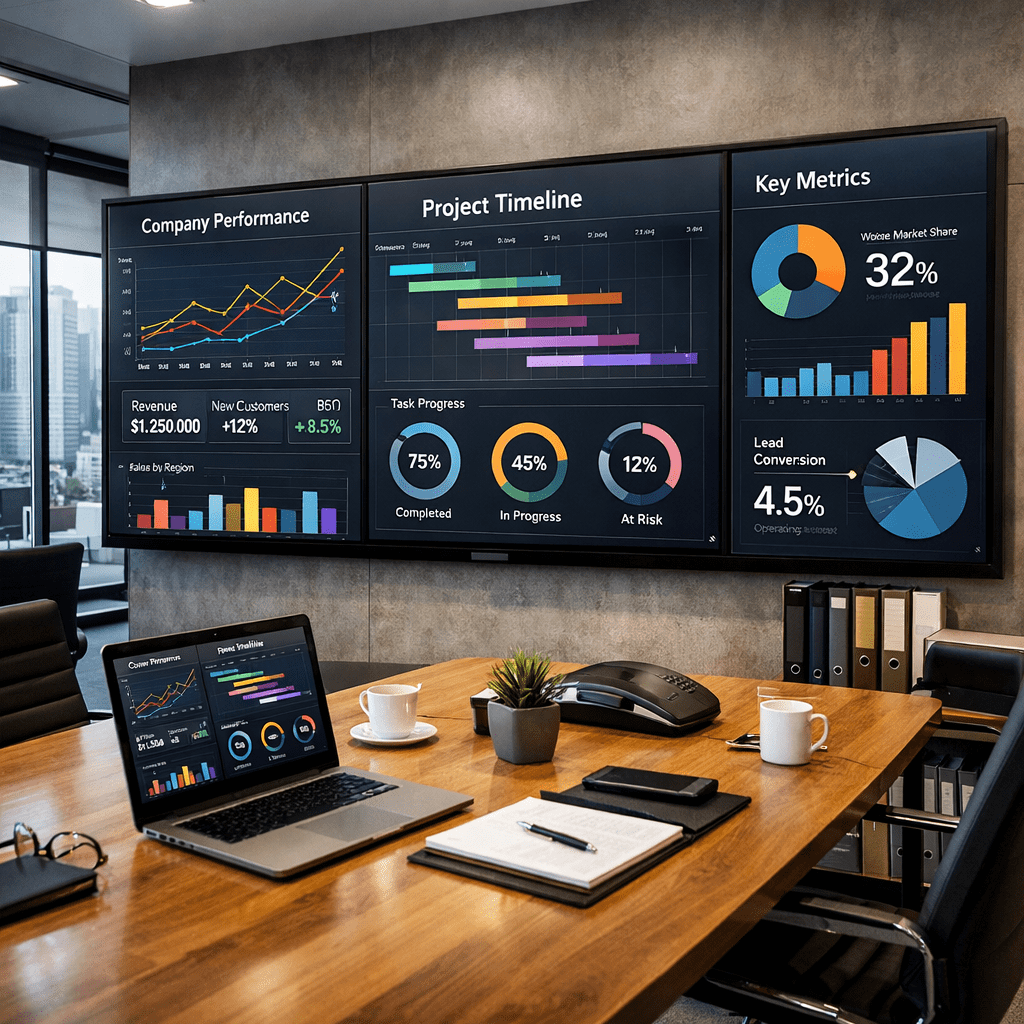 Business performance charts, project timeline, and key metrics dashboards on office screens.