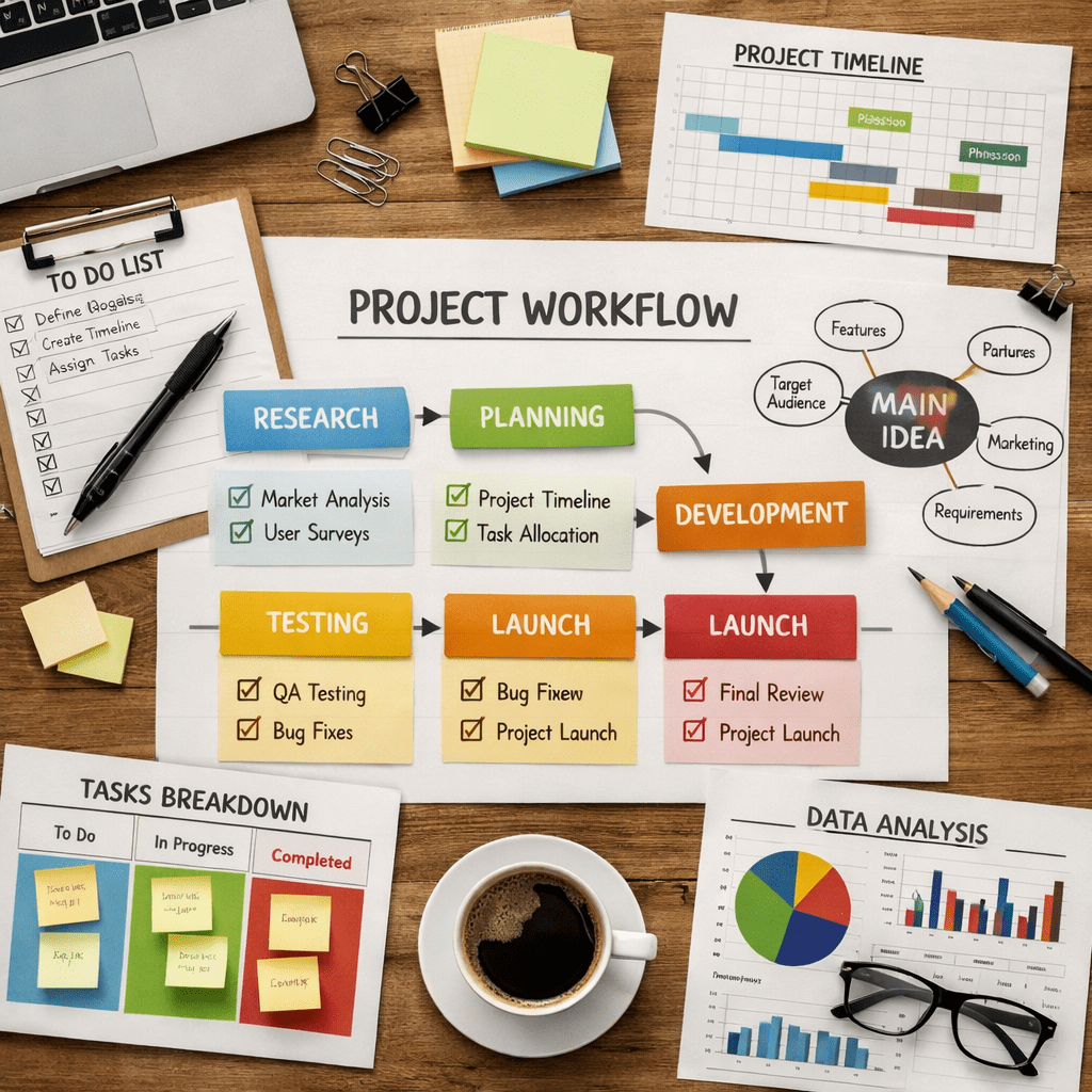 Project workflow chart with research, planning, development, testing, and launch phases alongside to-do list, task breakdown, timeline, and data analysis
