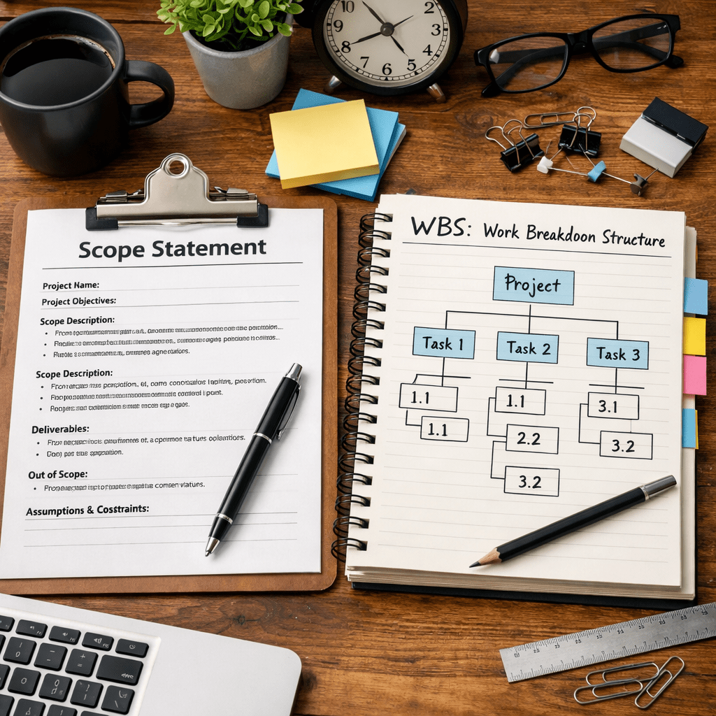 Scope statement document and work breakdown structure notebook with pens on a wooden desk