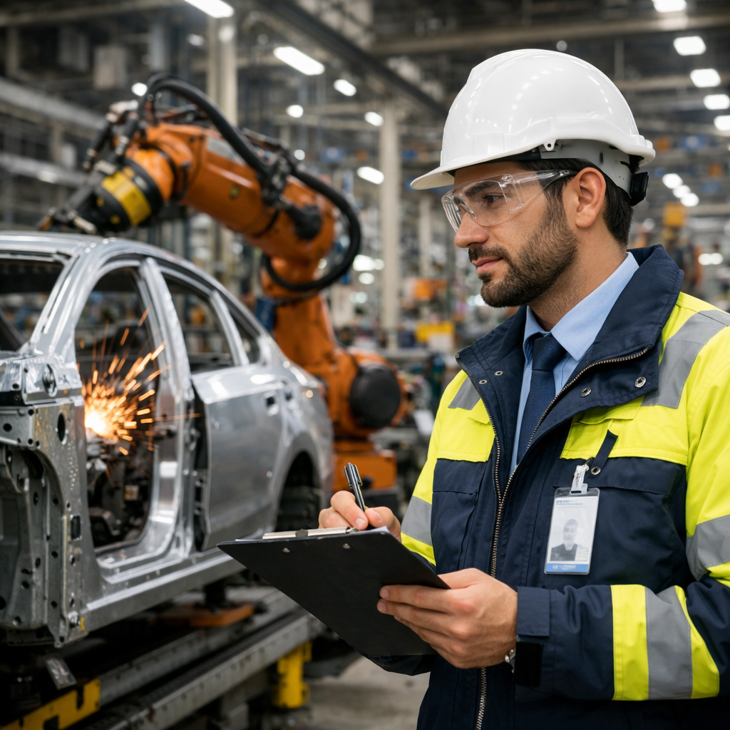 Engineer wearing safety helmet and glasses holding clipboard near robotic arm welding car frame