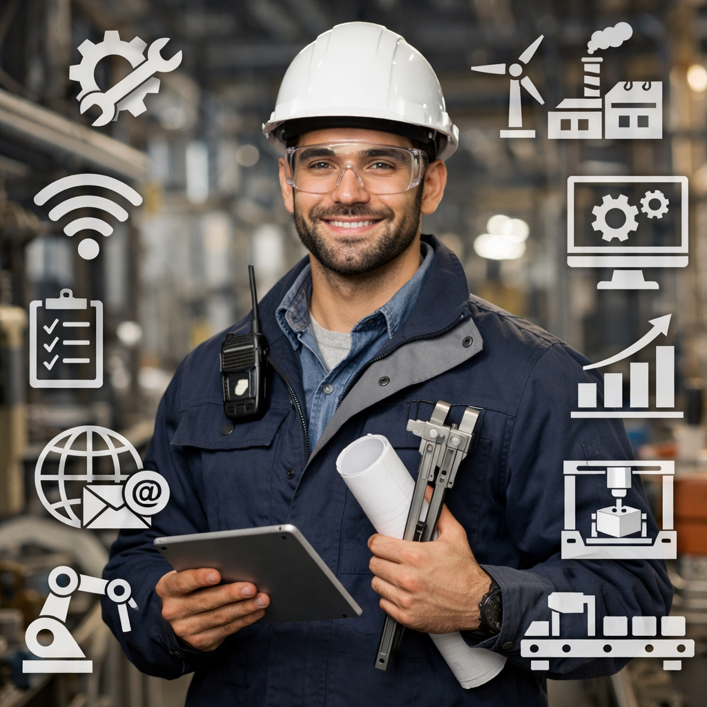 Industrial engineer holding tablet and blueprints in a factory