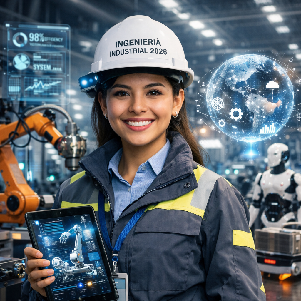 Female industrial engineer with hard hat holding tablet showing robotic arm data in factory