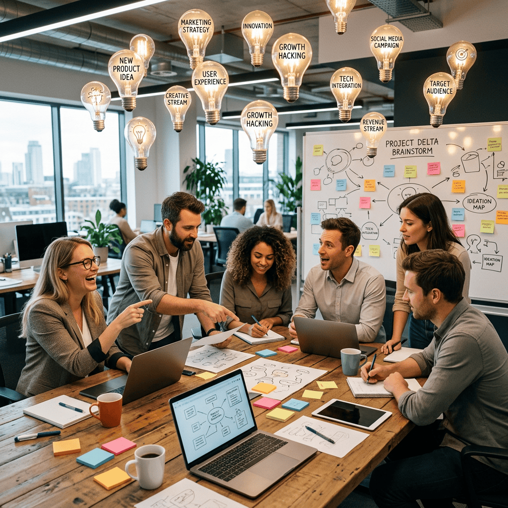 Un equipo diverso generando lluvia de ideas activamente en un entorno de oficina