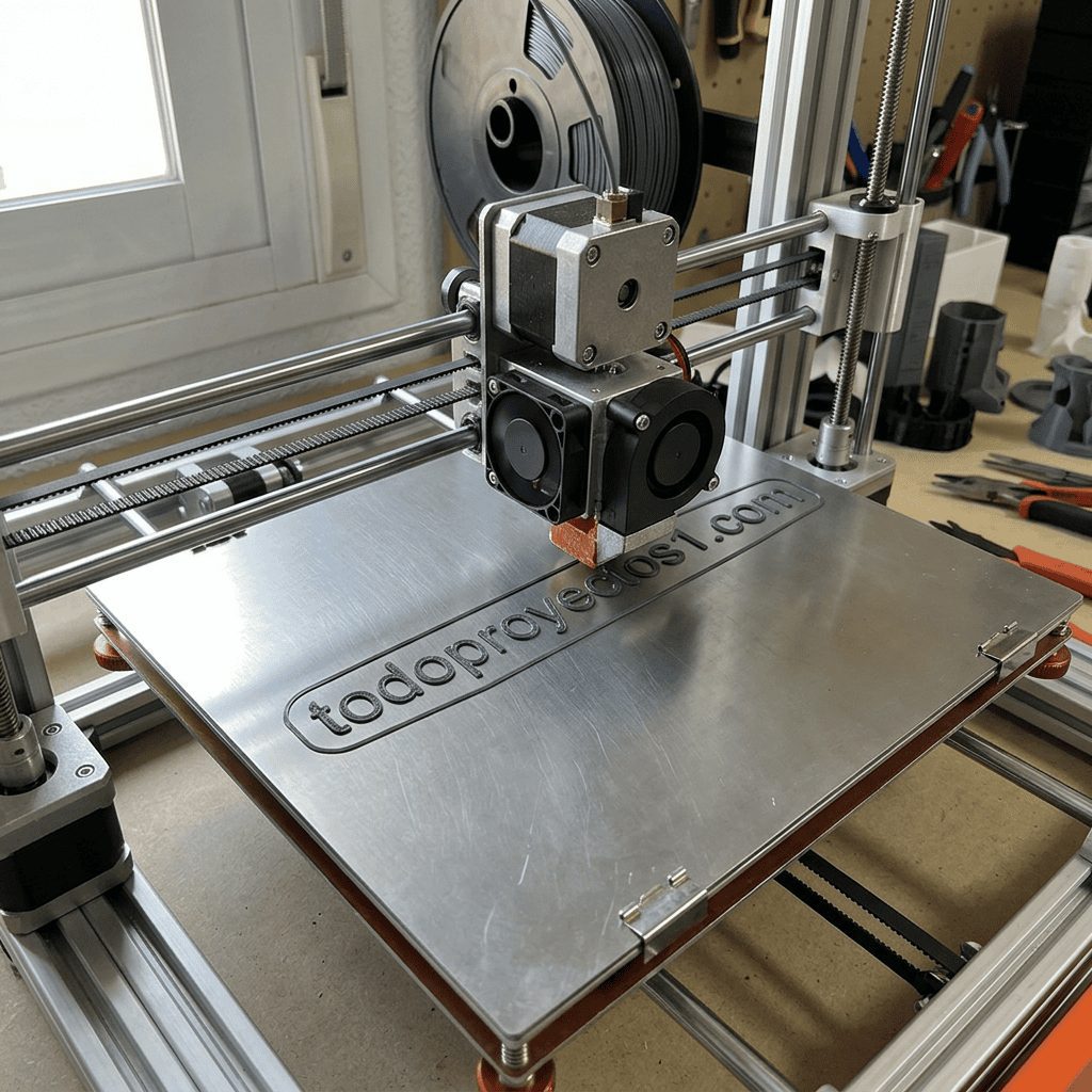 3D printer printing the text todoproyectosy.com on metal build plate