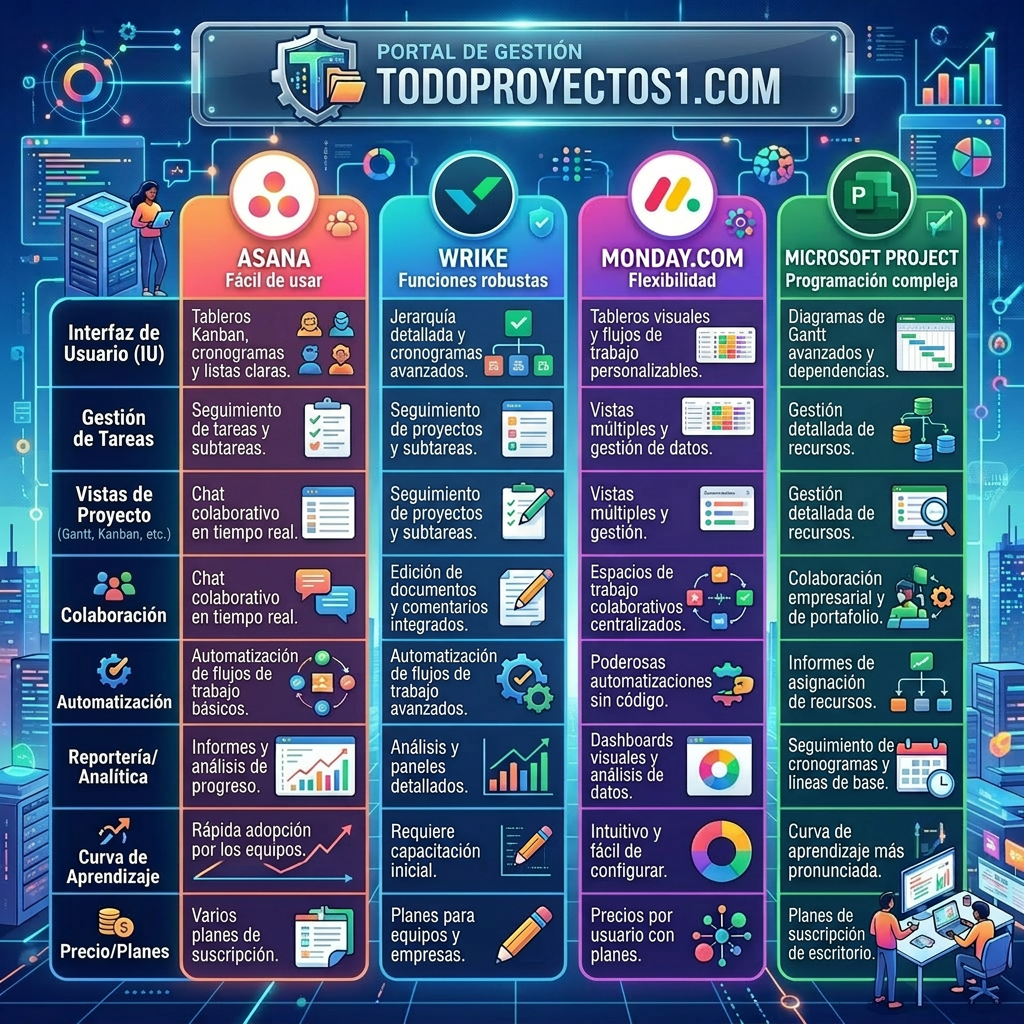 Tabla comparativa de Software de gestión de proyectos: Asana, Wrike, Monday.com y Microsoft Project, según sus características.