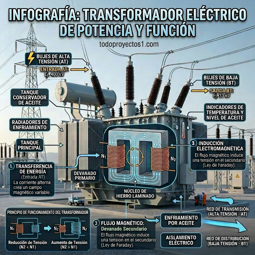 Transformador eléctrico de potencia: guía completa, funcionamiento y aplicaciones
