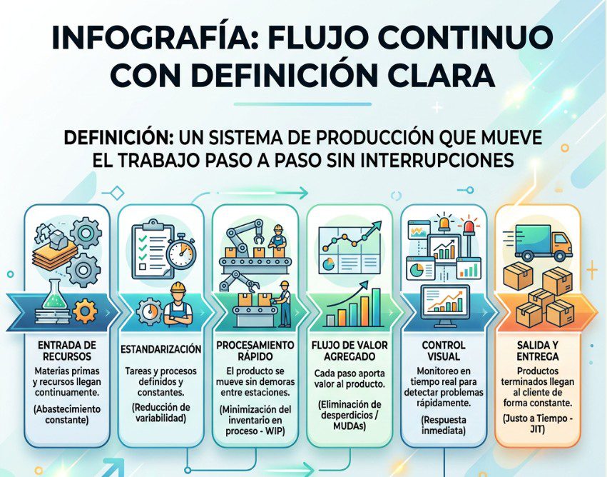 Una infografía que explica la definición clara y los pasos clave de un sistema de producción de flujo continuo