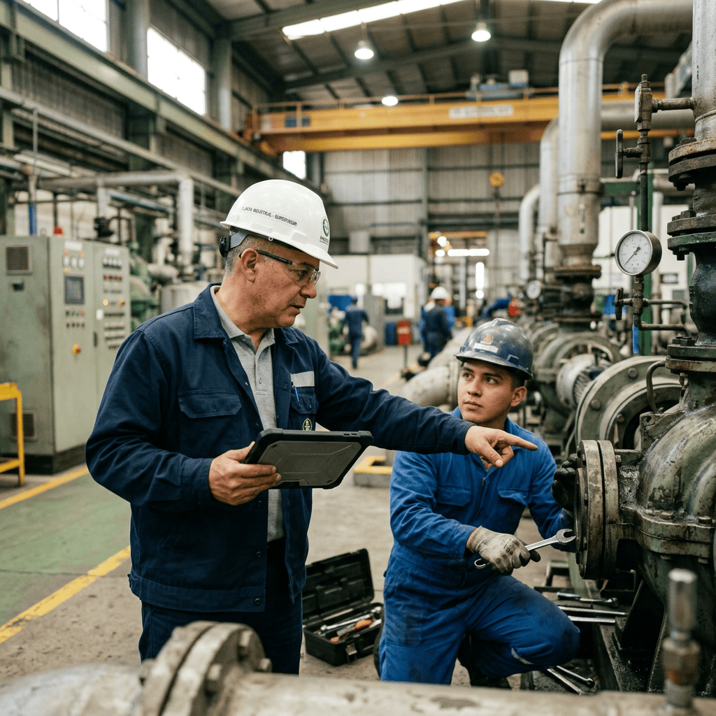 Gerente de mantenimiento supervisando una reparacion de una valvula
