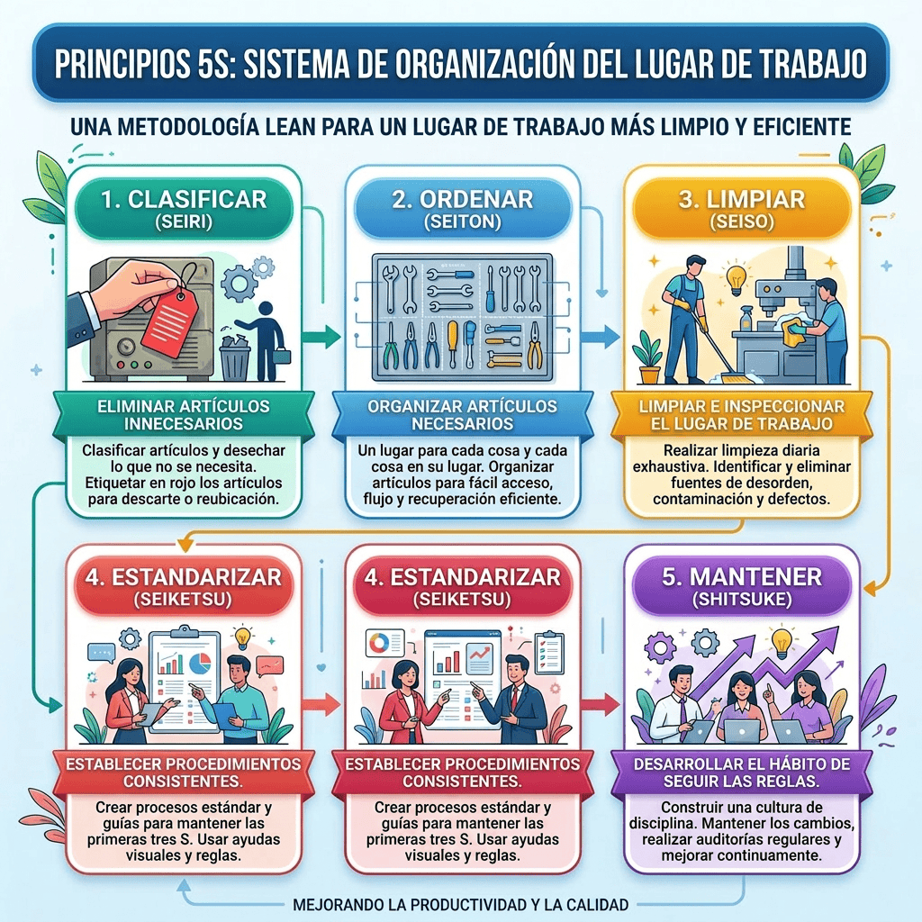 Pasos de la organización Lean del lugar de trabajo según las 5S S pasos de la metodología CINCO S para la organización del lugar de trabajo, con iconos y descripciones.