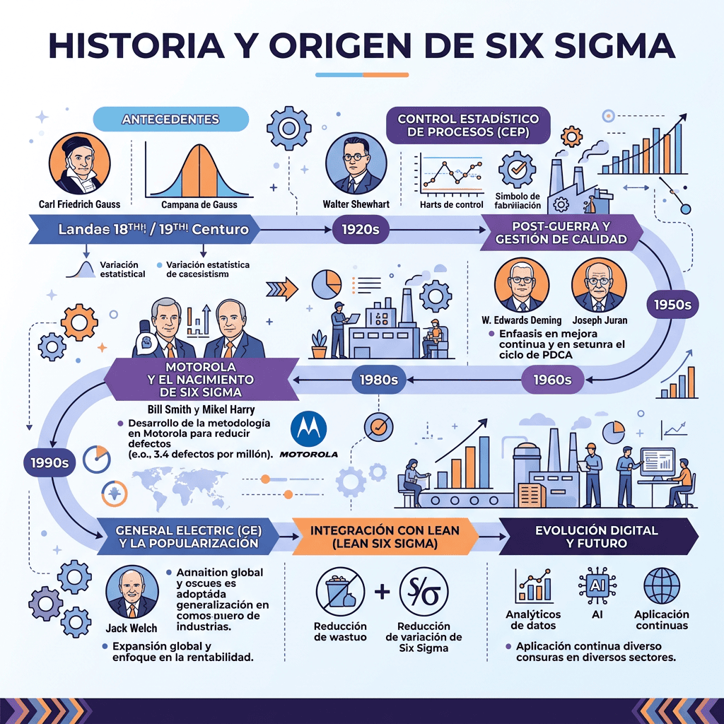 Cronología que ilustra las figuras clave y los hitos en la historia y evolución de Six Sigma desde el siglo XVIII hasta el futuro digital.