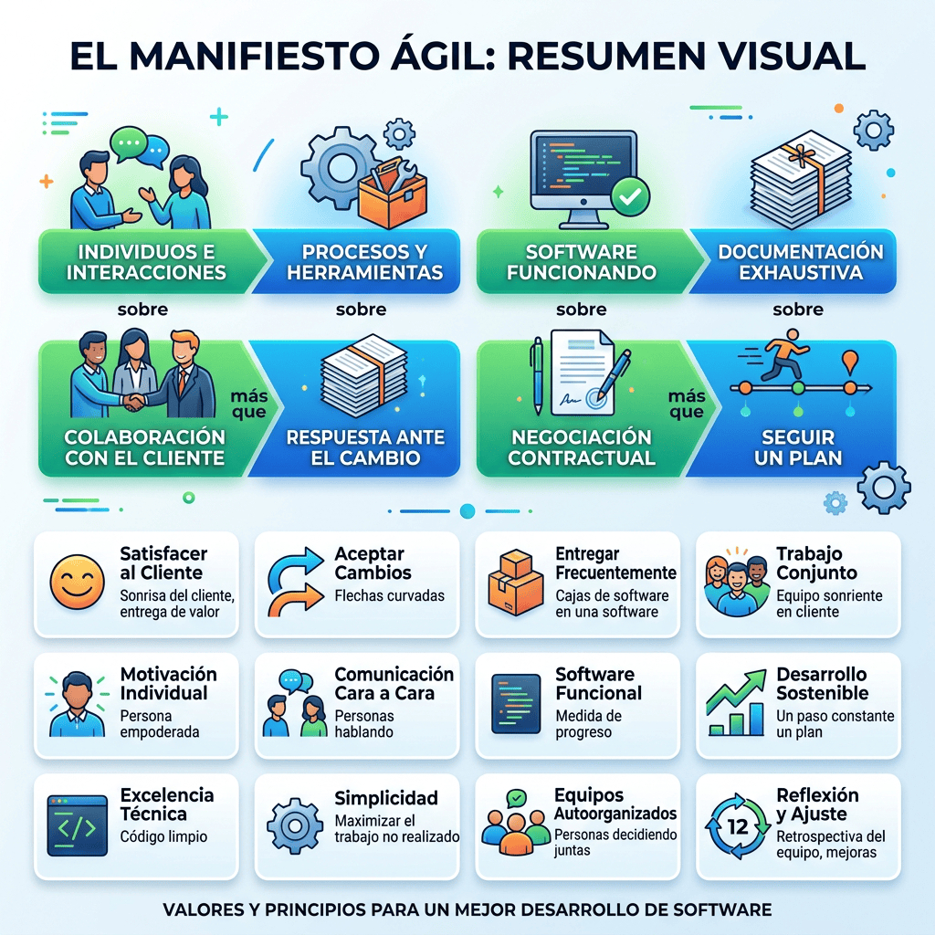 Diagrama que describe los valores y principios del Manifiesto Ágil para el desarrollo de software.