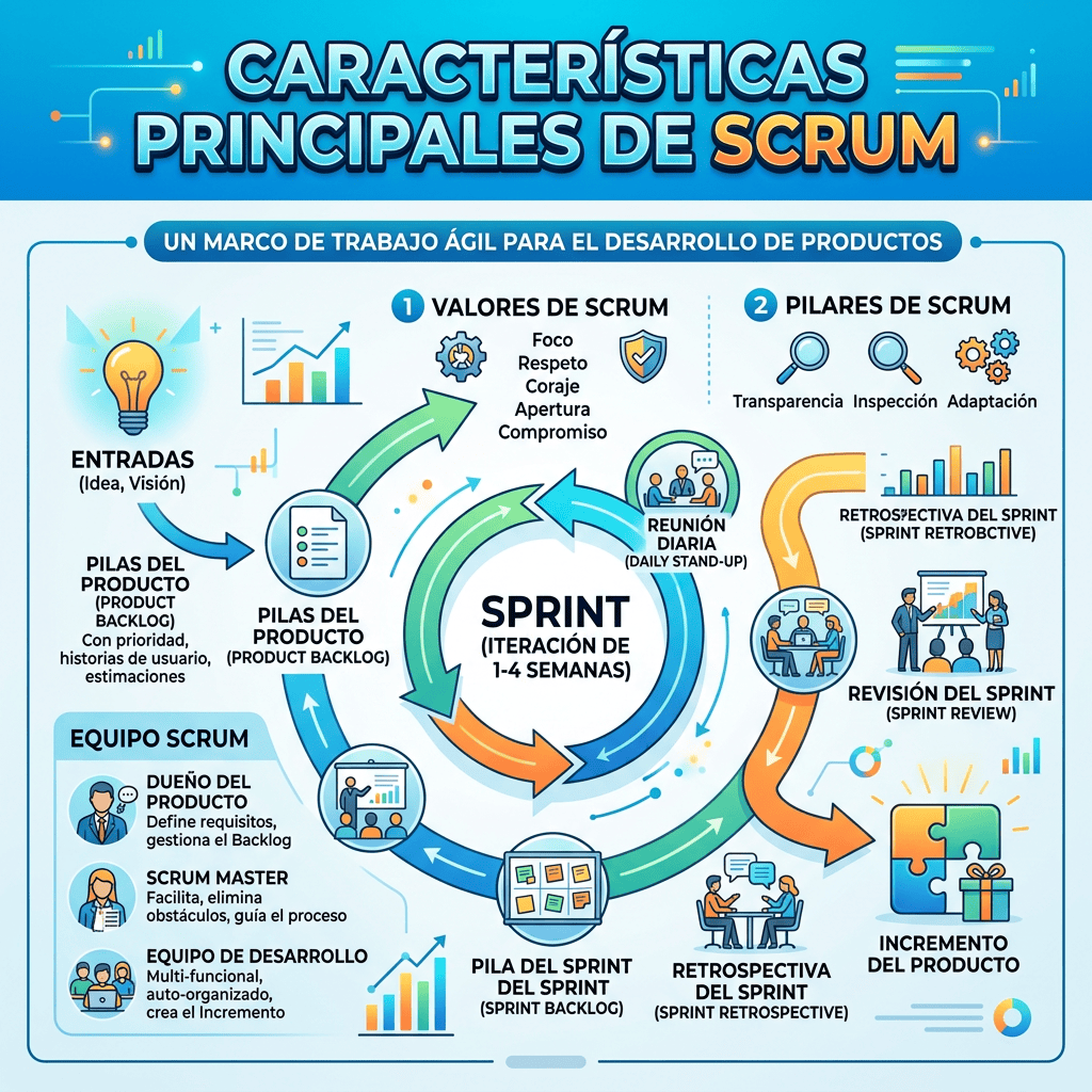 Infografía que muestra los valores, pilares, roles, ciclo de sprint y flujo de trabajo del backlog del producto de Scrum.