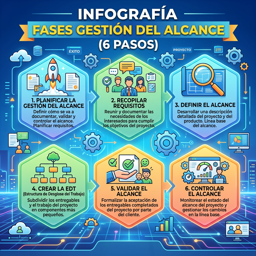 Seis fases para la gestión del alcance del proyecto: planificar, recopilar requisitos, definir el alcance, crear la estructura de desglose del trabajo (EDT), validar el alcance, controlar el alcance.