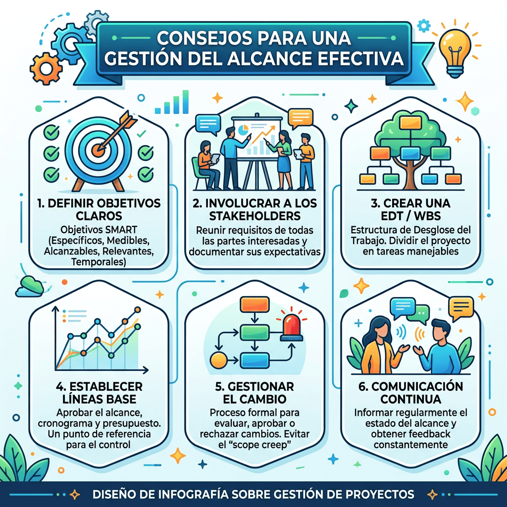 Seis consejos para una gestión eficaz del alcance del proyecto, que incluyen definir objetivos claros, involucrar a las partes interesadas, crear una estructura de desglose del trabajo, establecer líneas base, gestionar el cambio y la comunicación continua.