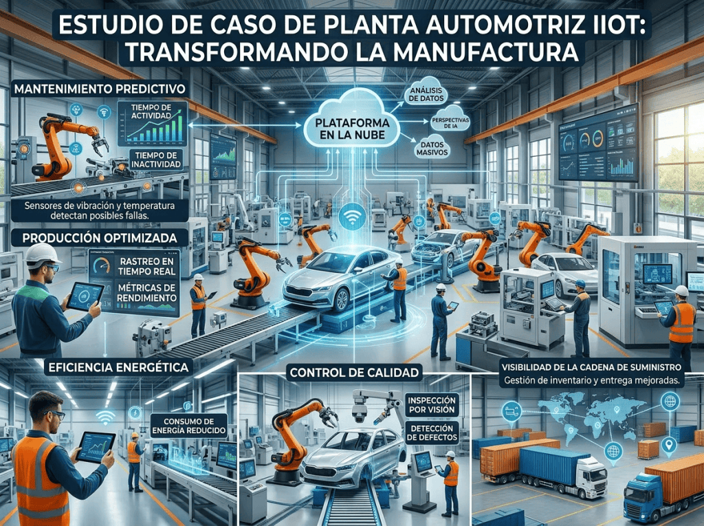 Planta de fabricación de automóviles que utiliza tecnología IIoT con robots, plataforma en la nube y trabajadores que supervisan la producción.