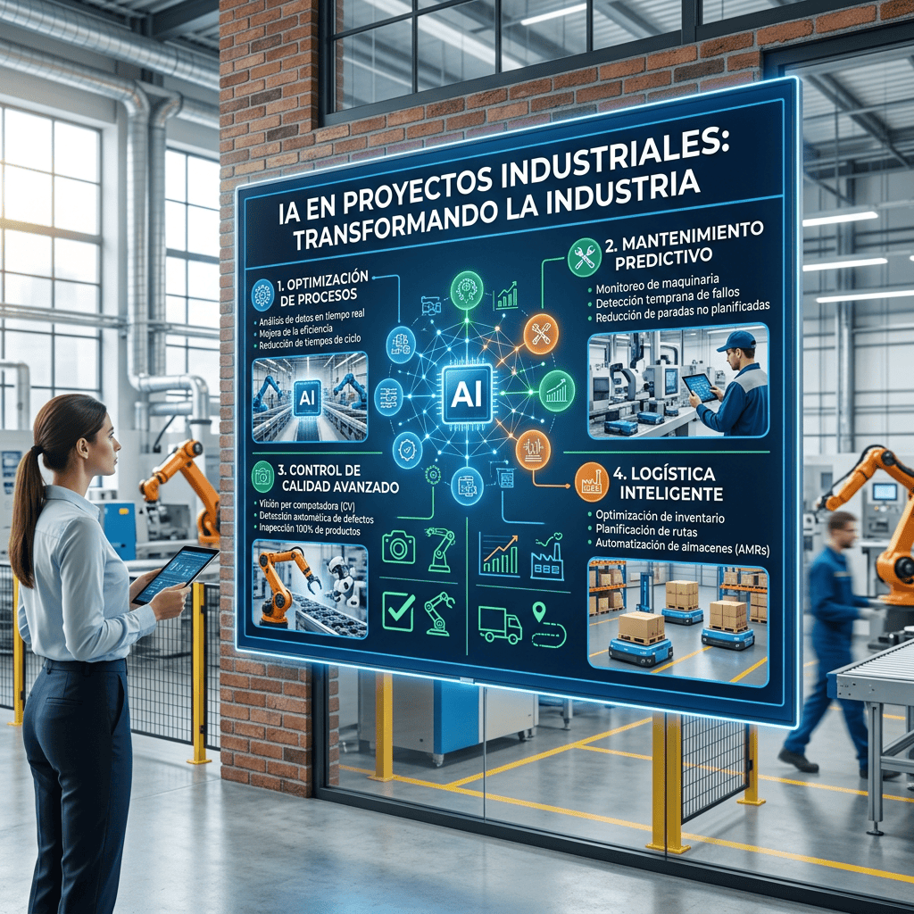 Aplicaciones de IA industrial: optimización de procesos, mantenimiento predictivo, control de calidad, logística inteligente.