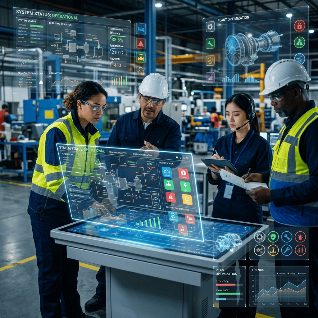 Cuatro ingenieros con equipo de seguridad interactúan con pantallas de realidad aumentada en una fábrica.