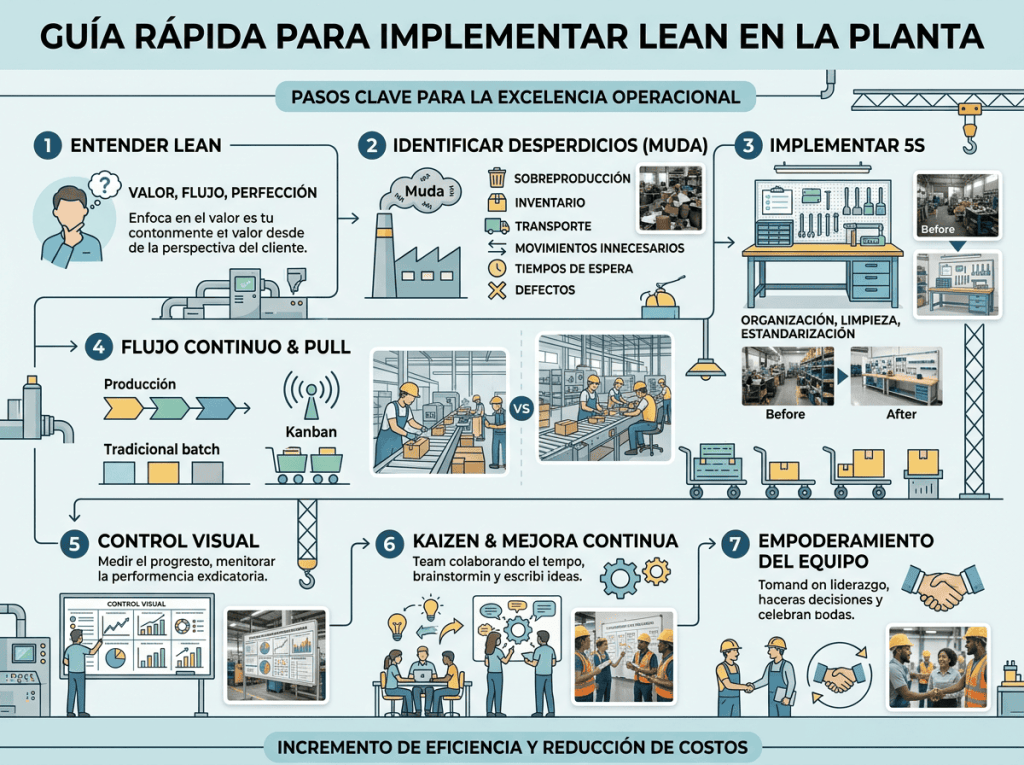 Guía rápida paso a paso para implementar Lean Manufacturing en una planta de fabricación con imágenes y texto en español.