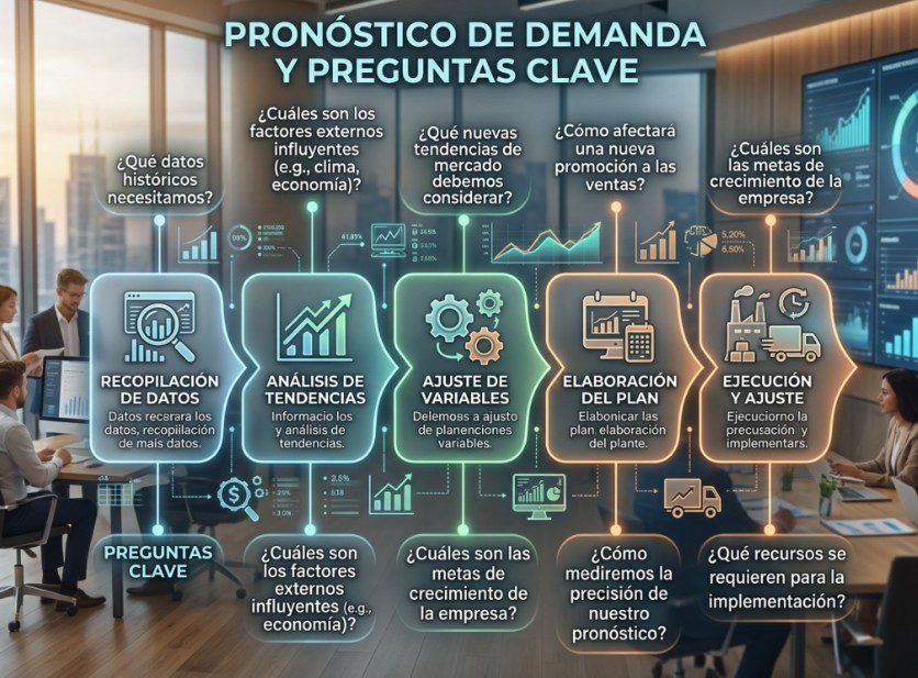 Diagrama que describe los pasos para la previsión de la demanda: recopilación de datos, análisis de tendencias, ajuste de variables, creación del plan, ejecución y ajuste.