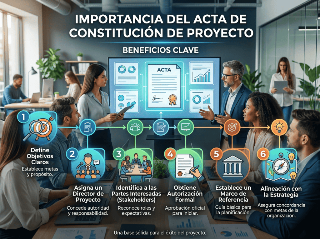 Beneficios clave del acta de constitución de proyecto con seis pasos ilustrados