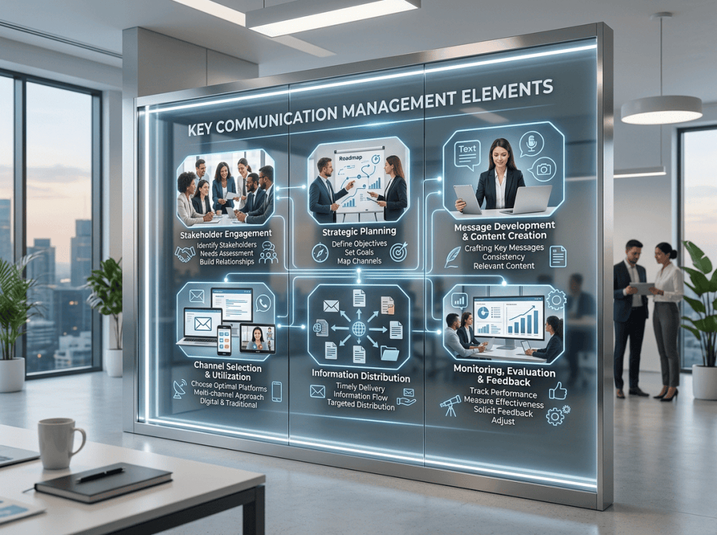 Key communication management elements including stakeholder engagement, strategic planning, message development, channel selection, information distribution, and monitoring