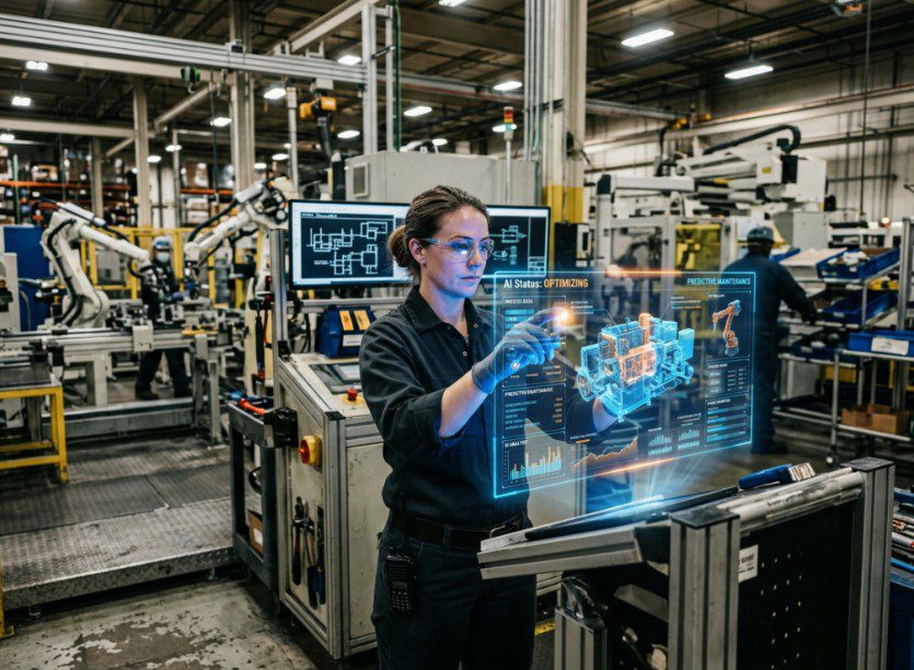 Un técnico utiliza una interfaz holográfica con inteligencia artificial para la optimización de la fábrica.