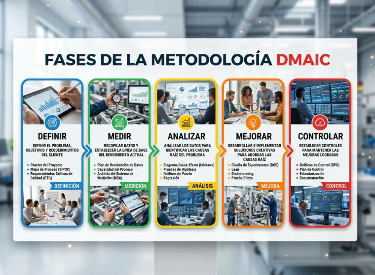 Fases de la metodología DMAIC: Definir, Medir, Analizar, Mejorar, Controlar con iconos y descripciones en español