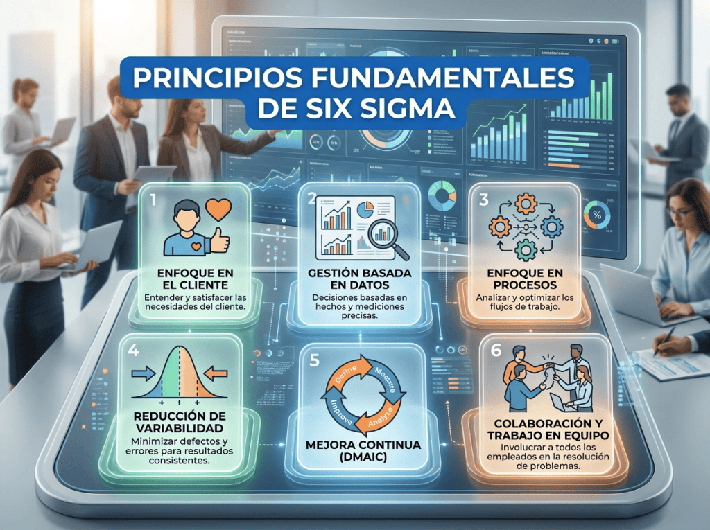 Seis principios fundamentales de Six Sigma con iconos numerados y breves descripciones en español.