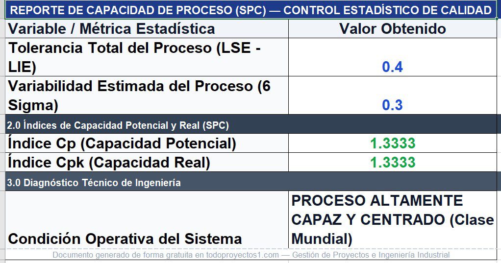 imagen muestra reporte en excel cp y cpk
