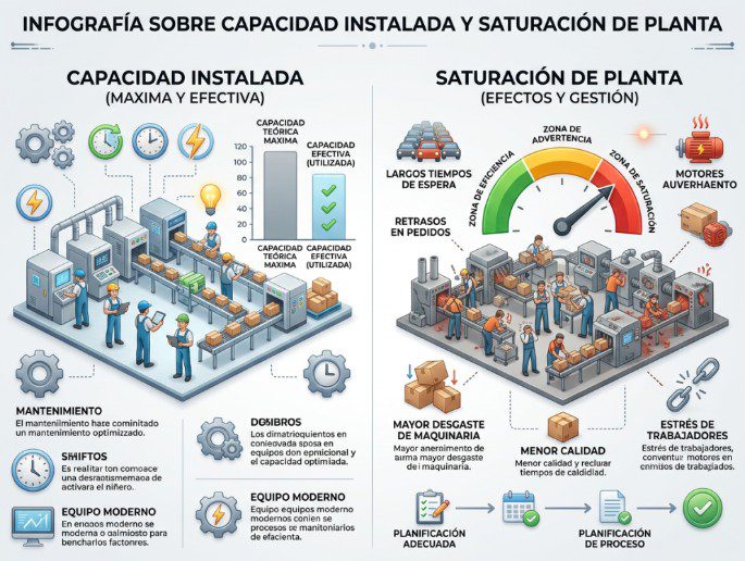 La infografía compara la capacidad instalada de una planta con los efectos operativos de su saturación.