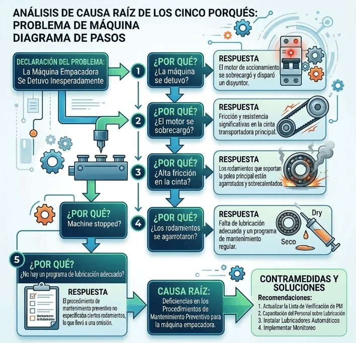 Análisis paso a paso para identificar la causa raíz de la parada inesperada de una máquina de embalaje.