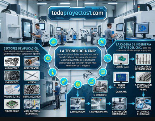 Una infografía explica las aplicaciones, etapas y precisión de la tecnología CNC en la manufactura moderna.